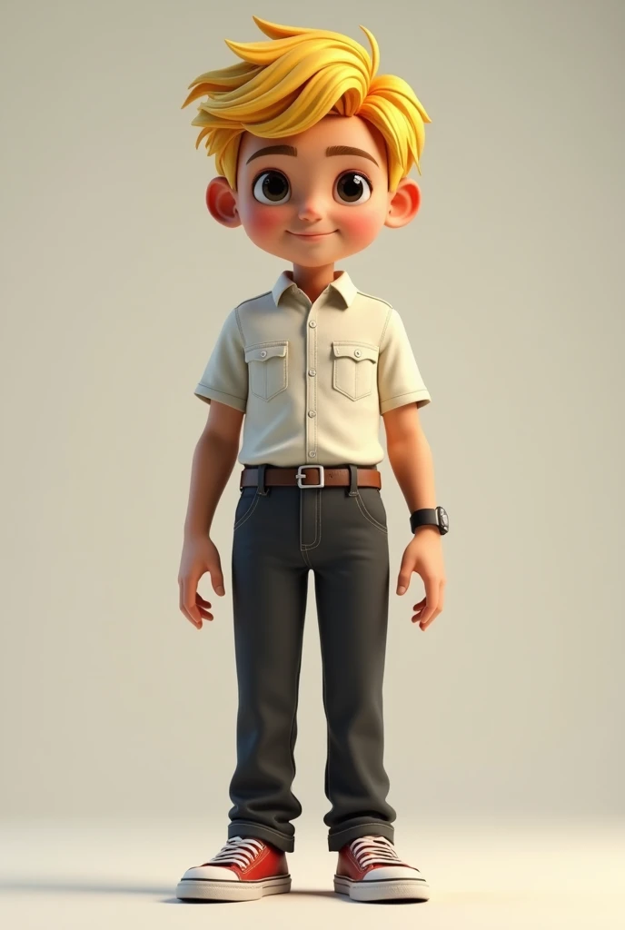 Make a boy with Mexican features, blond hair and tall with realistic school clothes