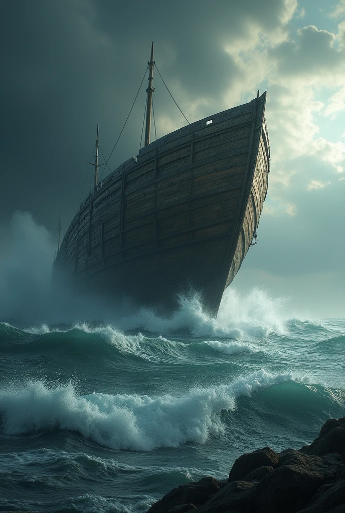 The Ark of Noah: An image of the ark, large and robust, floating over the hectic waters
