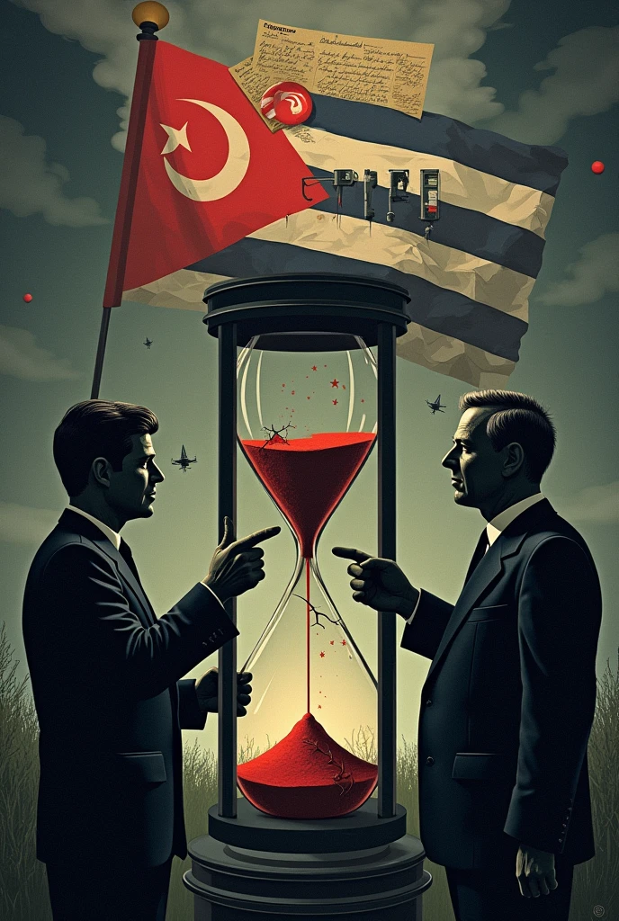 A sand clock, On top, instead of sand, place small nuclear warheads falling slowly. This symbolizes the time that is running out and the imminent possibility of a catastrophe.
At the bottom of the clock, draw the island of Cuba, but with the island splitting in half, one half with the flag of the United States and the other with the flag of the Soviet Union. Las ojivas que caen se acumulan On top de ambas banderas.
At the bottom of the clock, draw the silhouettes of John F. Kennedy and Nikita Khrushchev, one on each side, with serious expressions and tense gazes, as if both were holding the hourglass in their hands, each with a finger near a red button, symbolizing the tension of being on the verge of launching a nuclear attack.
The hourglass may be broken or have cracks, symbolizing how fragile peace was during this period.
- Add a dark, stormy sky in the background to enhance the tension, with clouds that hint at atomic mushroom shapes.
- Consider including maps, telegram, or communication symbols around the clock, symbolizing the diplomatic negotiations that were underway.