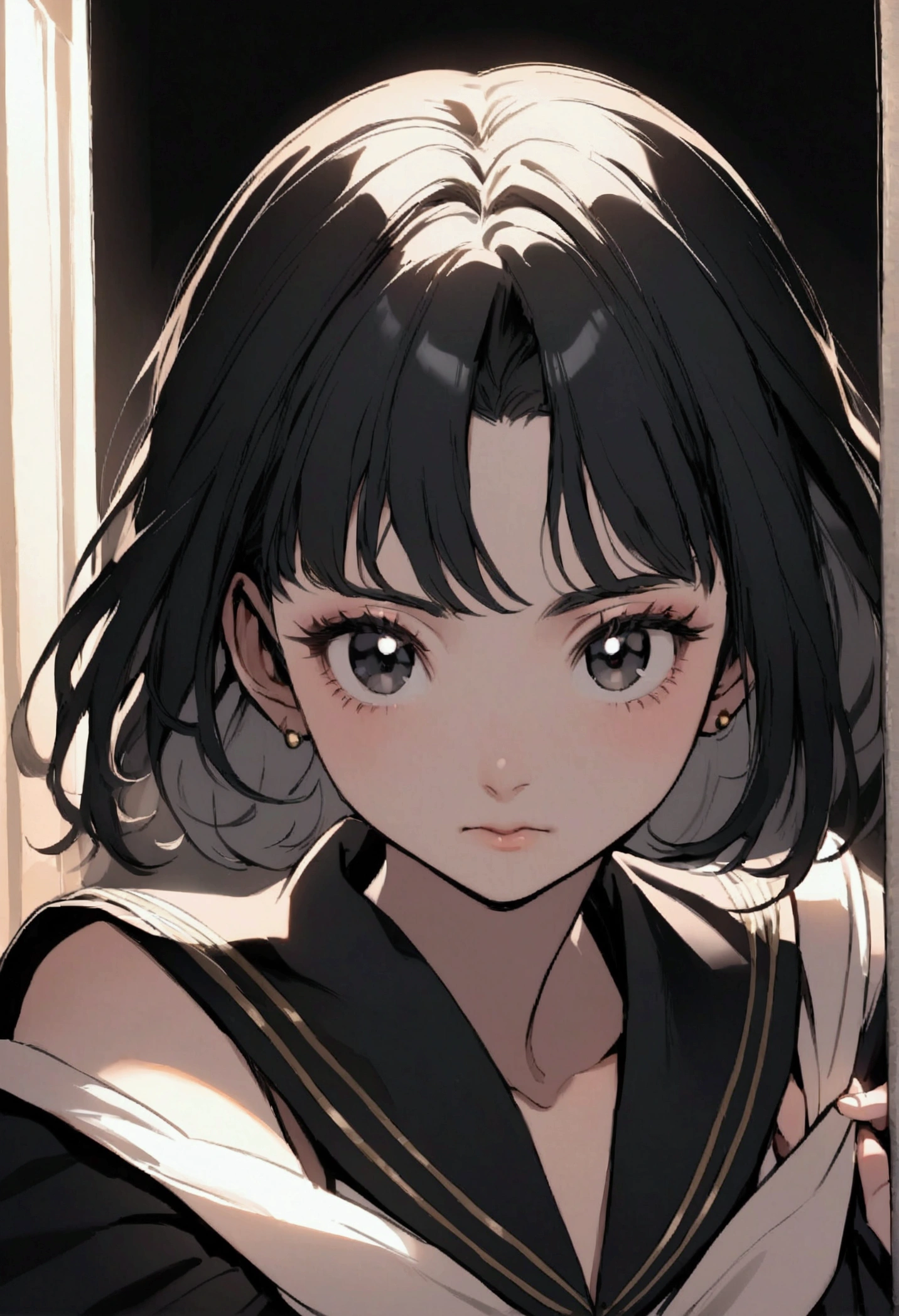 create an image in the Sailor Moon style of a girl with straight black hair to her shoulders, black eyes and a small nose