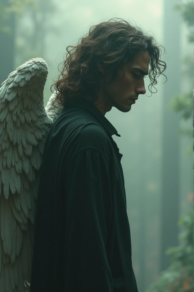 fallen angel man with long curly hair seen from afar