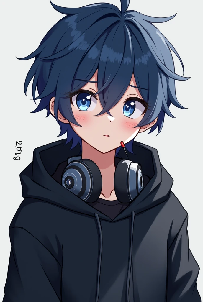 A  boy who looks like a gamer, wearing headphones around his neck, with dark blue hair and a black hoodie. He has an anime-style appearance.