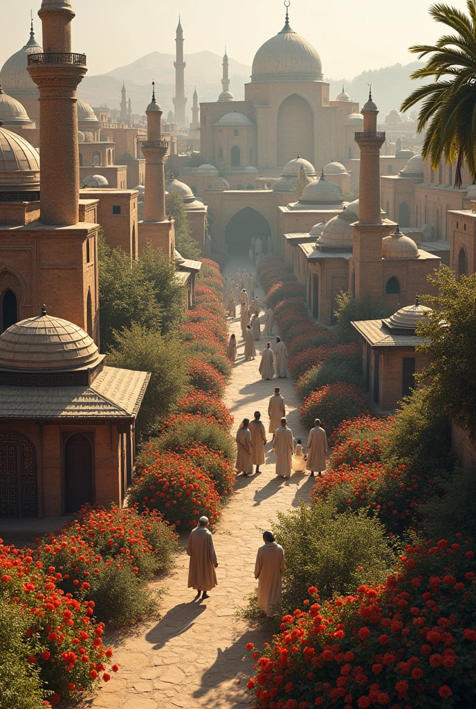 In a old city there are many huts with gathering Muslim people and thousands of flower Gardens attached with those hut