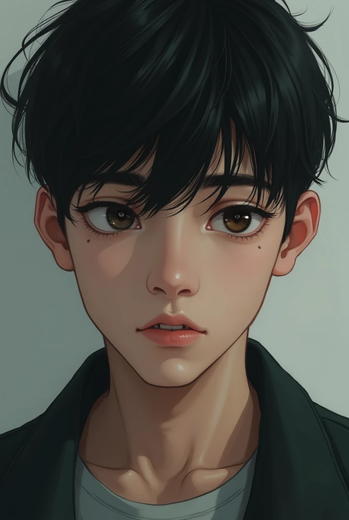 A boy with short black hair. White skin tone.
Bit of beard on chin. Age 20. Always serious.