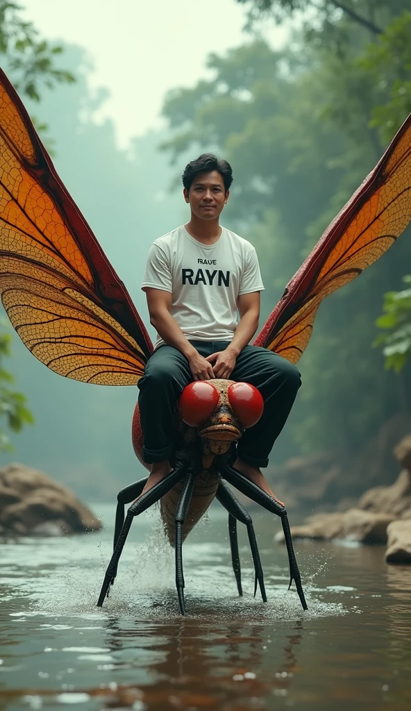 a photo-realism of a bit bulky 32-year-old handsome Indonesian man oval face wavy hair, white t-shirt written on the chest "RAYN" riding on the back of a saddled giant dragonfly, HD 4k high detail ultra realistic dynamic hyper realistic oled, vibrant, subsurface scattering, amazing fine detail, on a little rocky riverbank