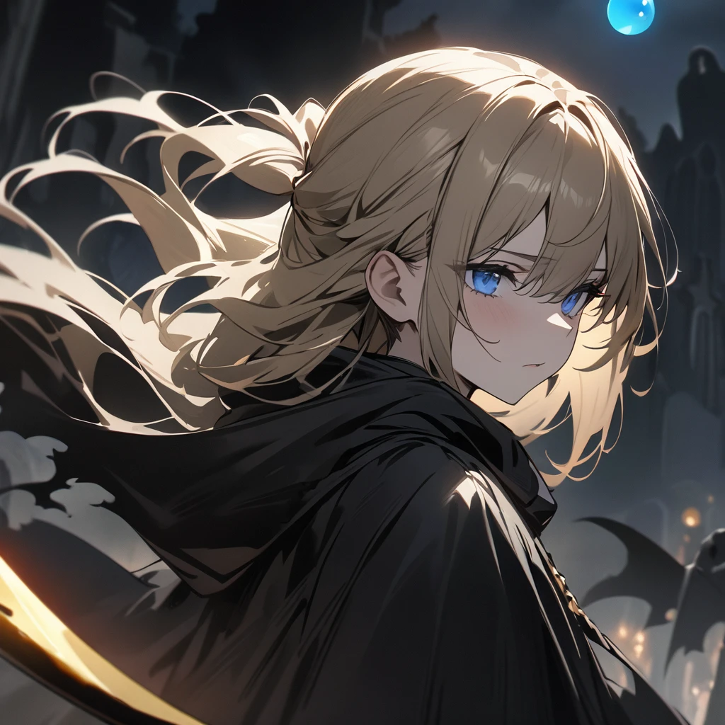Top quality, masterpiece, high resolution, girl, gold ponytail hair, Blue eyes, black cloak, Grim Reaper with death scythe, dark atmosphere,紫色 orb light floating in the air, Western cemetery,Close-up,soul