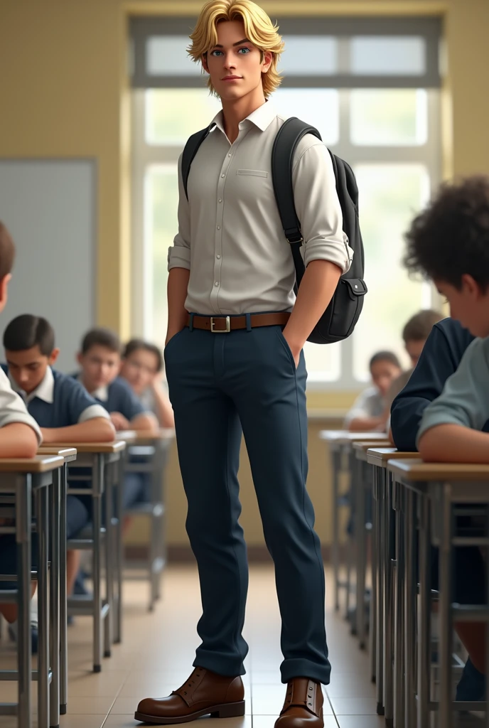 Make a man with blond hair and tall with realistic school clothes