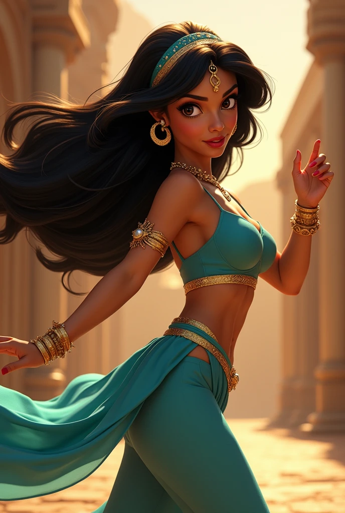 Stunning Princess Jasmine, photo in 8k, in action, cinematic.