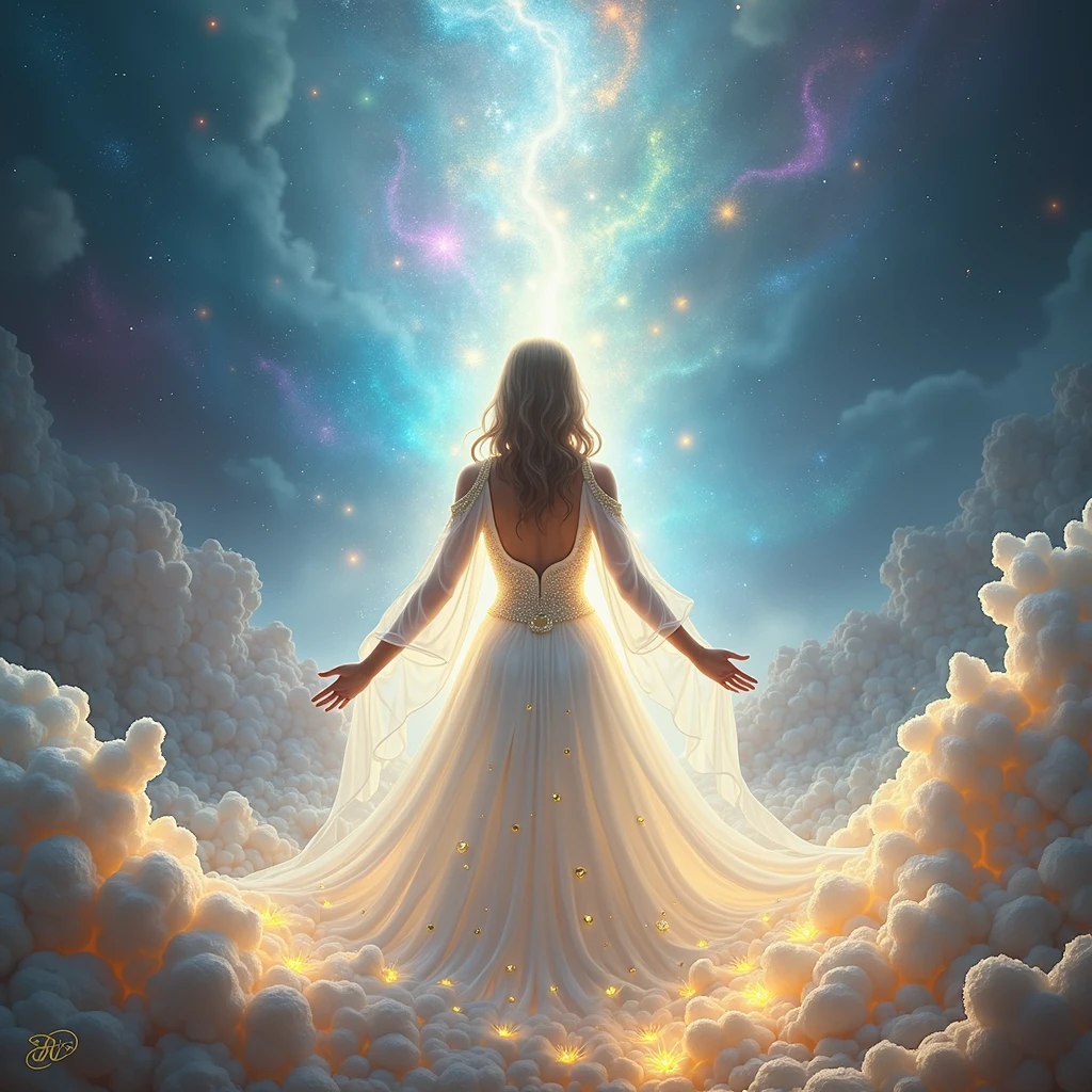 Girl in a white dress with golden sparkles , radiant cosmic background of colorful light full peace and cosmic light healing of the Chactas , space of light mystical crystals spirituality