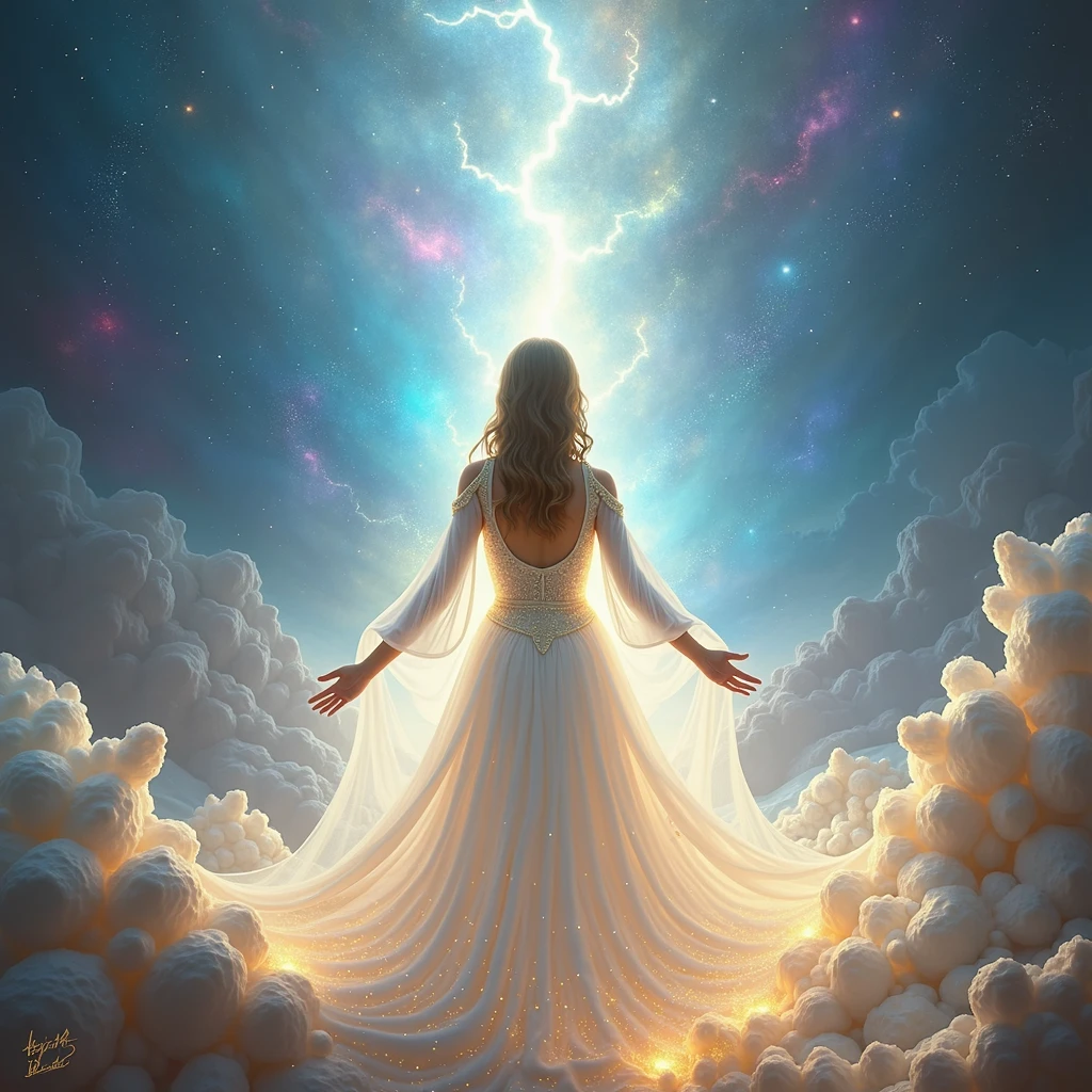 Girl in a white dress with golden sparkles , radiant cosmic background of colorful light full peace and cosmic light healing of the Chactas , space of light mystical crystals spirituality