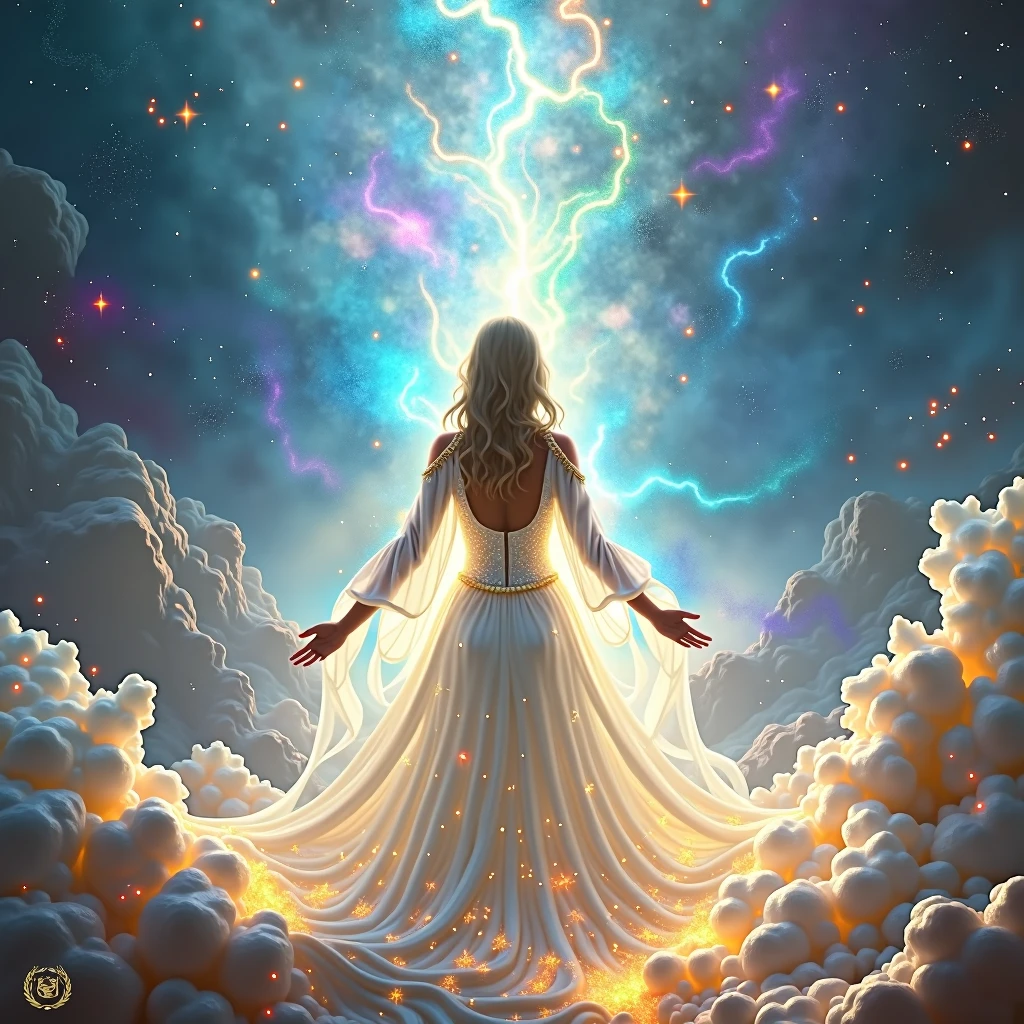 Girl in a white dress with golden sparkles , radiant cosmic background of colorful light full peace and cosmic light healing of the Chactas , space of light mystical crystals spirituality 