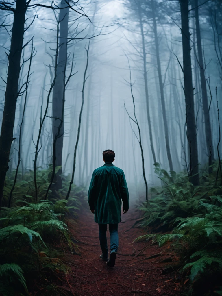 A person walking through the misty forest, their expression fearful as they glance over their shoulder, sensing something ominous