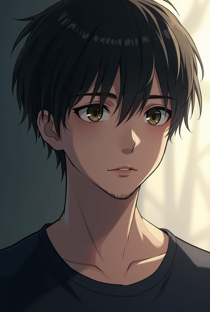 A boy with short black hair. White skin tone. 
Bit of beard on chin. Age 20. Always serious.