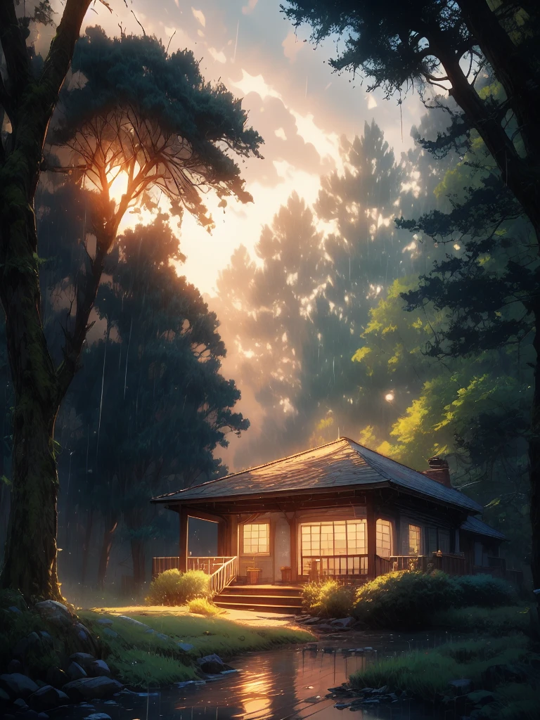 Cast in a magical, distant forest after twilight rainshowers, a glowing trail through luminescent, water-slicked foliage and nobly arching treetops dances an hypnotic rhythm, unfurling the tale of a solitary mystic Ellie who wades along a whimsical footpath beneath the verdant canopy, radiating both mystery and emotions of painto images of subtle hues whispered on serpentine surfaces from gentle rain droplets.