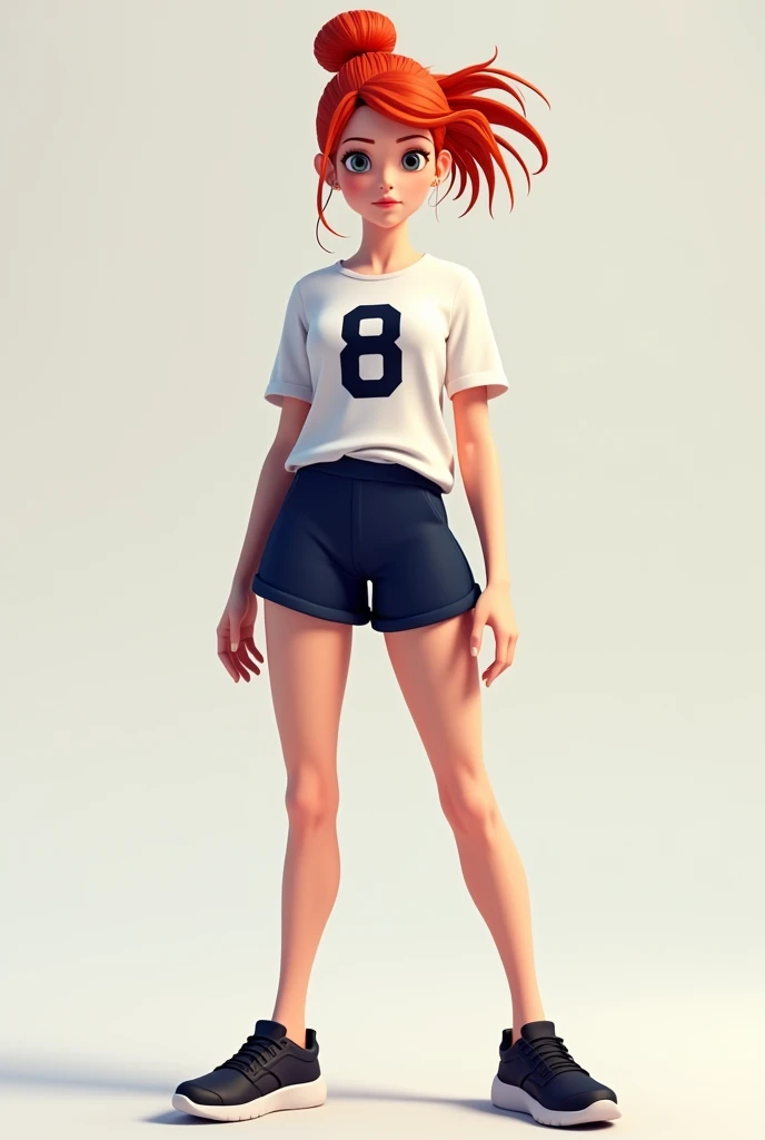 Female character with red hair in a bun, a shirt with the number 8 and blue shorts, black shoes.