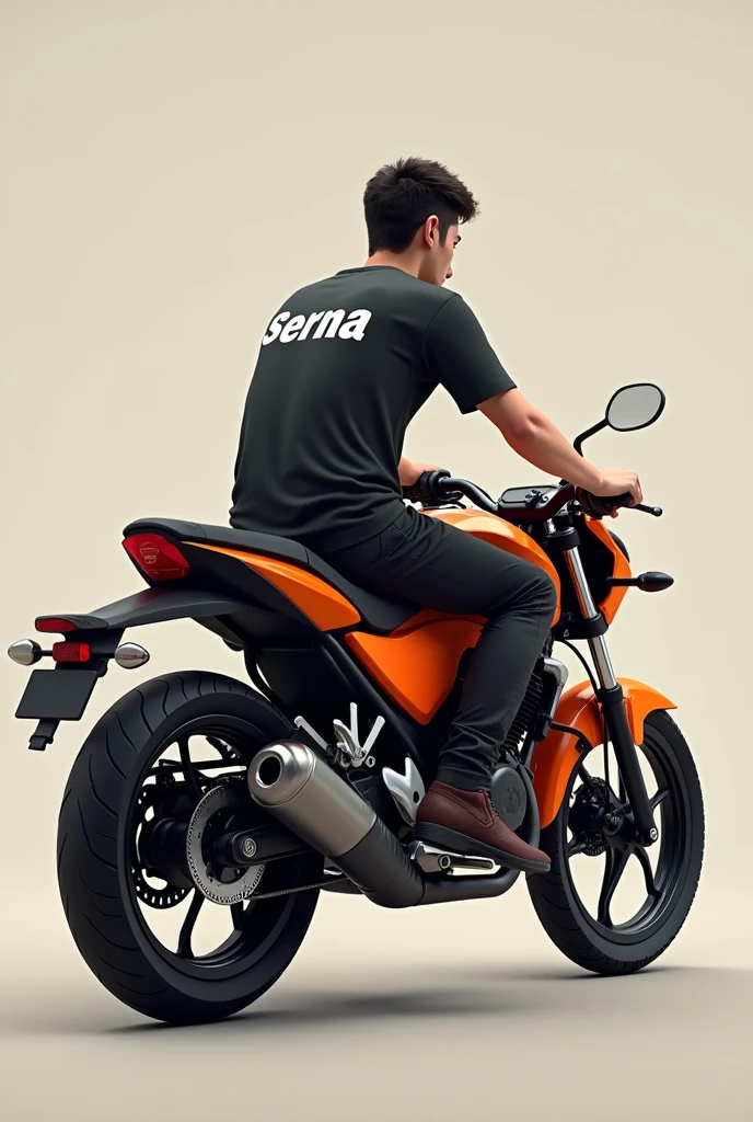 Can you create an image of an orange CB160F motorcycle with a guy wearing a black shirt that says Serna on his back?