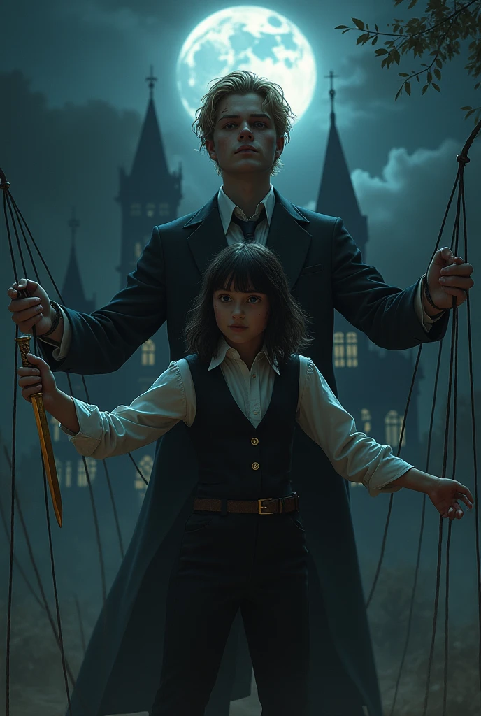 A man with his face hidden, holding threads in his hands that control a "puppet" that tie a girl, but she is trying to break free and has already cut some of the threads with a golden mando dagger.. That the man has a suit and blond, young-looking hair along with a scar on his face and that she wears pants and a white shirt with a black vest and that her hair is wavy and down to her shoulders and that she is about . Make sure the man's face isn't too visible. Have a mansion in the background and make it nighttime