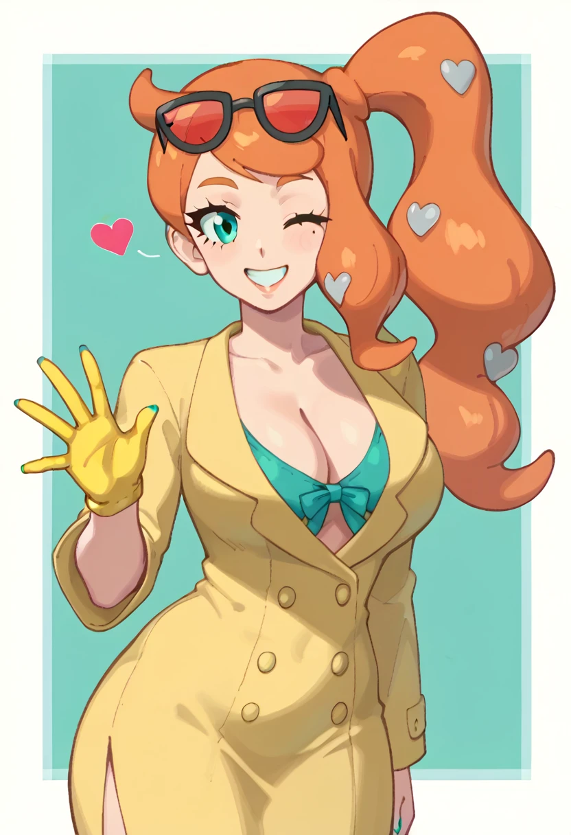 score_9, score_7_up BREAK solo,EPpkSonia,orange hair, side ponytail, aqua eyes, long hair, eyewear on head, sunglasses, heart hair ornament, sheer dress, yellow hand knitted short dress, cleavage, collarbone, nail polish, aqua nails, happy, giving an alluring smile, winking affectionately 