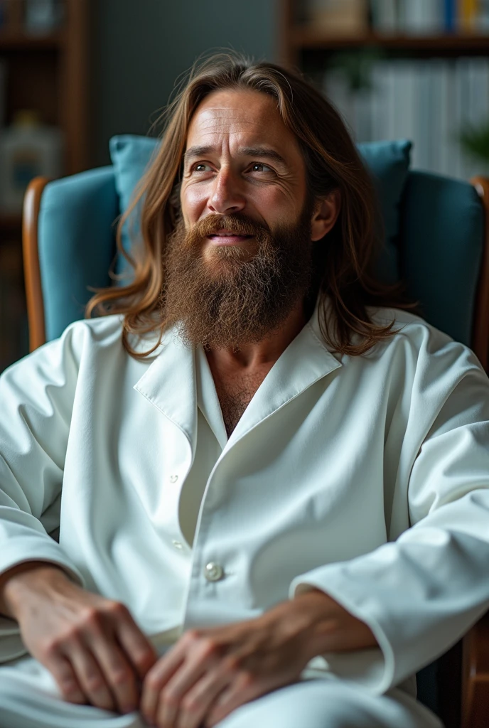 {Ultrarealistic image of Jesus sitting on a chair, hazel eyes, extremely detaild, chestnut hair, Large Beard, wearing a lab coat, With a radiant smile, looking at side, 8K resolution, high qualiy, extremely detaild, fully body.