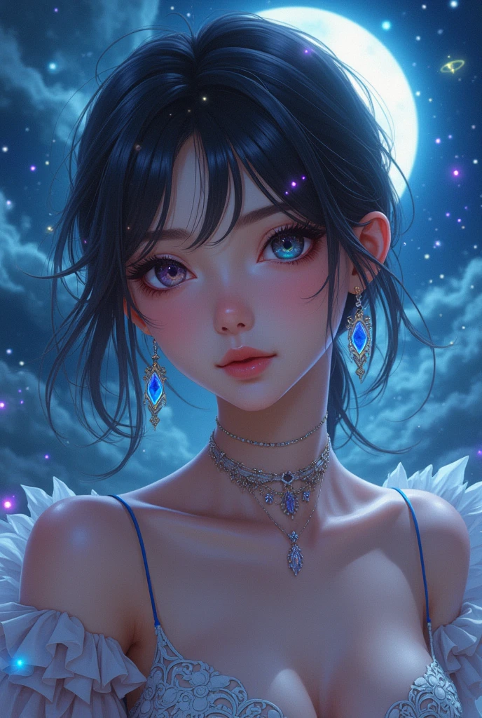 masterpiece, Superb Girl, pretty girl, bust, high detail eyes, Perfect eyes, portrait, high detail face, same eyes, Glare, rainbow color, global illumination, luz outfit, dream light, Digital paint, Primer plano 8k, fancy, night sky, stars, nebula, white crystal, Moonlight, serenity, summer, (8k:1.1)