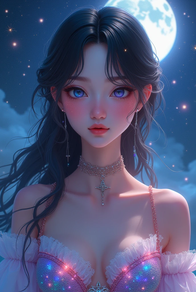 masterpiece, Superb Girl, pretty girl, bust, high detail eyes, Perfect eyes, portrait, high detail face, same eyes, Glare, rainbow color, global illumination, luz outfit, dream light, Digital paint, Primer plano 8k, fancy, night sky, stars, nebula, white crystal, Moonlight, serenity, summer, (8k:1.1)