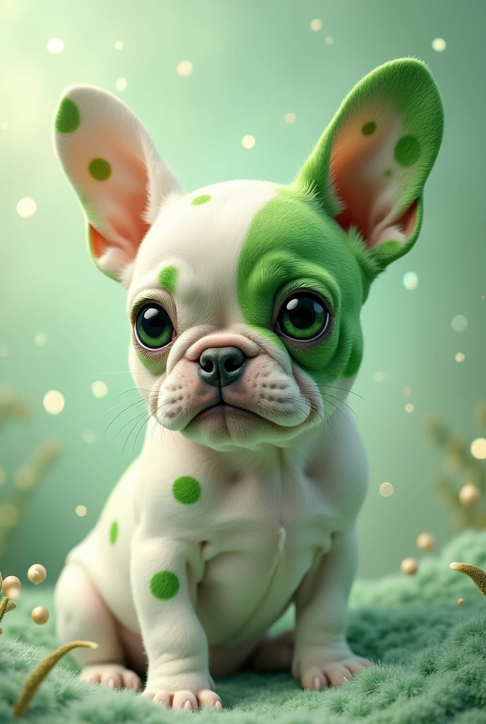 White French Bulldog with green spots
