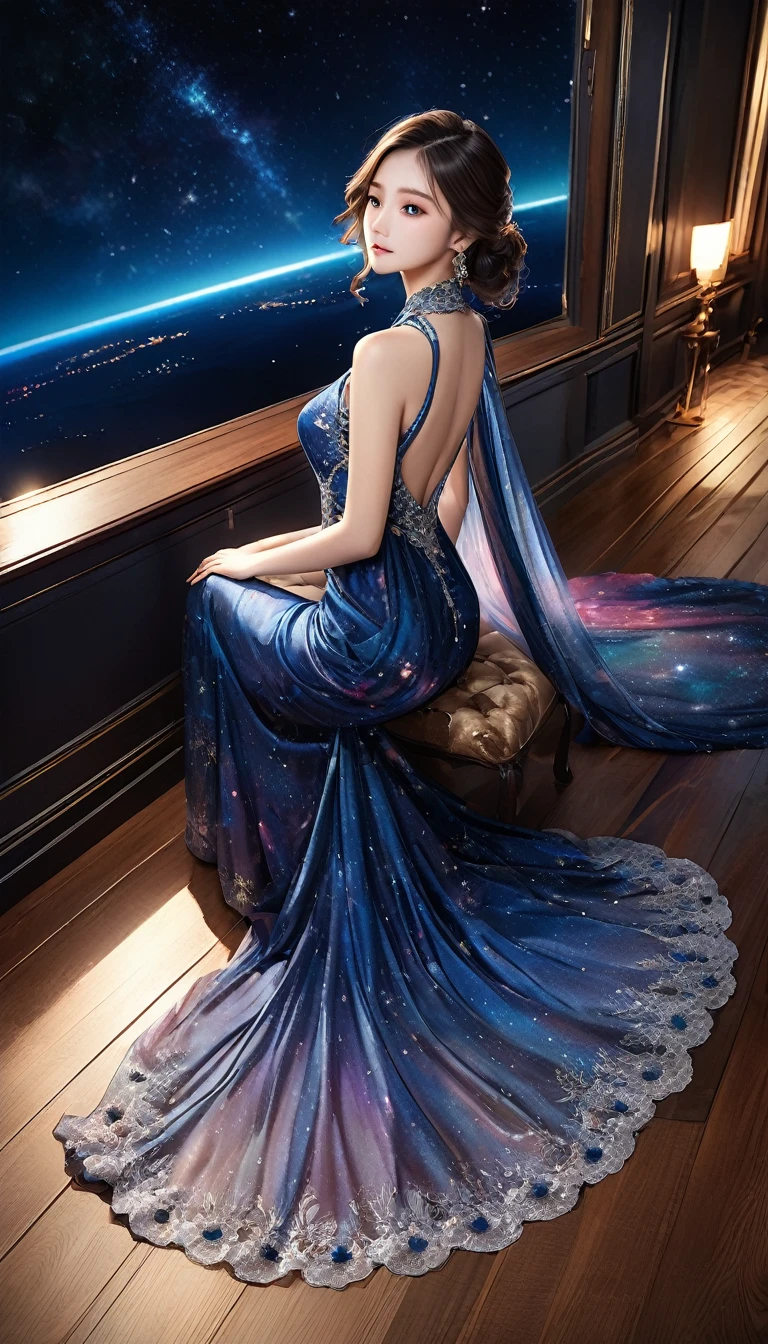 Realistic photos, original photo, Ultra-high precision, Clarity, Realistic Photography Blur, Detailed face, 
rest A woman wearing the night sky, Transparent Midnight Color, Deep Blue and Crimson Marble Colors, Transparent full color, 
rest (Like an Evening Gown:1.3, Length Extends to the Floor:1.4), Open Back, Alluring Back, 
rest Height:170 cm, weight:49㎏, Bust 82cm, Waist 59cm, Hips 84cm, Vital Statistics, 
rest A perfect fusion of dress and night sky, Seamless Blend, 
rest: Alluring Adult, Noble and Prestigious, Aesthetic, upscale, Luxury, 
rest (Silk Softness, Silk luster, Silk Texture), 
rest holographic, Dreamy Iridescent Colors, 
rest Detailed and realistic skin texture, Delicate and Complex Textures, Delicate and Complex Brushstrokes, Detailed and Clear Depiction, anatomically correct, Absurd Aesthetics, 
rest (A Shawl on the Back:1.3), Lace Stall, Transparent Galaxy Texture, upscale, Luxury, Delicate pattern, Aesthetic, 
rest A dark night sky background that makes the subject stand out, 
rest Dramatic Cinematic Lighting, 
rest A powerful and bold composition, 
Transparent full color, 
(Dynamic Wide-Angle Full-Body Shot:1.4, Ankles in the Frame:1.3), 
rest Re-drawing into a clear and vivid work, Highest Quality Rendering, best quality, Highest resolution, 
Transparent full color, surreal, 