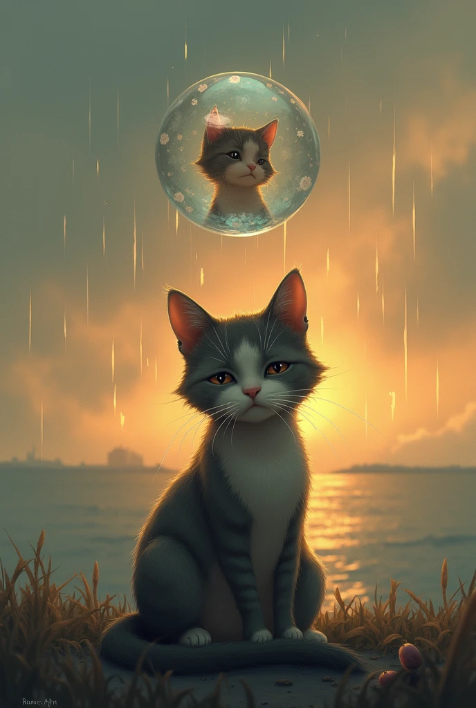 Sad cat missing her favorite human and thoughts in mind her love show through bubble sunset rain