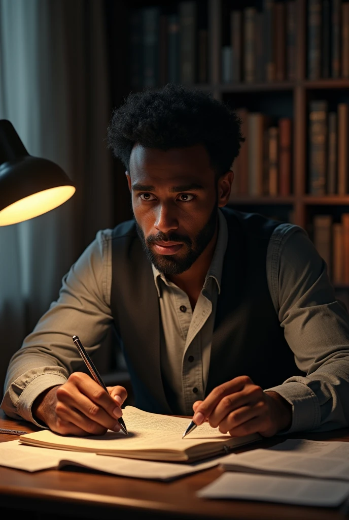 A dark-skinned male writer writing a story