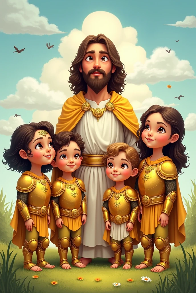 children with golden armor beside jesus in cartoon