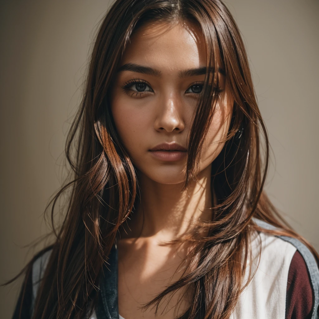 dressed, (photo realistic:1.4), (hyper realistic:1.4), (realistic:1.3), (smoother lighting:1.05), (increase cinematic lighting quality:0.9), 32K, 1girl,20yo girl, realistic lighting, backlighting, light on face, ray trace, (brightening light:1.2), (Increase quality:1.4), (best quality real texture skin:1.4), finely detailed eyes, finely detailed face, finely quality eyes, (tired and sleepy and satisfied:0.0), face closeup, t-shirts, (Increase body line mood:1.1), (Increase skin texture beauty:1.1)