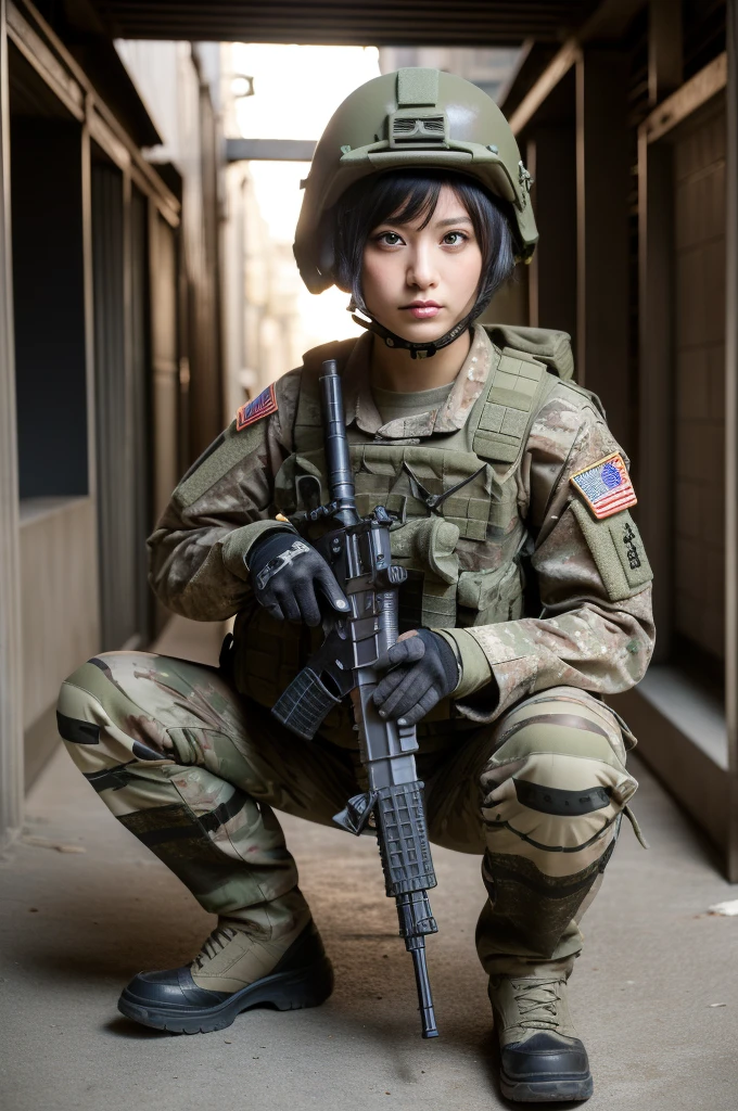 (masterpiece, ultra-detailed, ultra-realistic, best quality, clear focus, photorealistic), (ultra-high resolution, 8k:1.3), cinematic color-grading film, dramatic scenes, shadow, global-illumination, perfect anatomy, perfect face, (detailed face, detailed eye:1.3), (Japanese blonde punk rock girl:1.2), (experienced soldier:1.2), professional light, (boyish cool Japanese face:1.3), (Fully equipped for battle:1.3), (holding m4a1 large assault rifle:1.4), (long barrel rifle:1.3), (Strong willed expression:1.2), (afraid:1.3), (wearing a very cute punk rock styled soldier's outfits made of leather with military helmet:1.2), slim waist, (at a battle field of Abandoned Building at night), flash light, (explosion:1.4), very large breasts, tactical vest, military harness, (squatting), (long boots:1.3), face focus