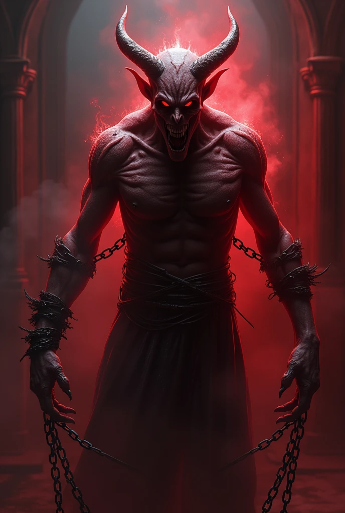 Make a red demon with black, Red eyes , as if it were a ghost demon, chained with chains 