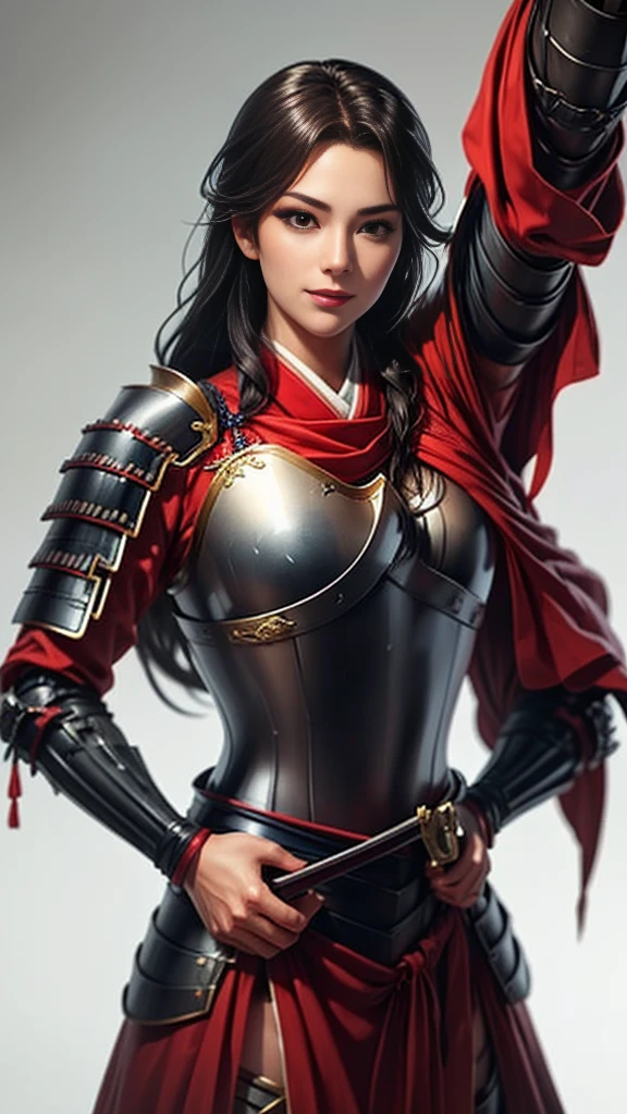 Beautiful woman with dark hair:1.3, Amazing character art, ((Knight Armor:1.3 )),((Pure white background)), 3d rendering character art 8k, Handsome,Beautiful female knight, 2. 5D CGI Anime Fantasy Artwork, Detailed digital art, Very nice work of art, Fan Art Best Art Station, (Crimson velvet cloak),(Stretch your open hand forward:1.3), (Hands on hips),(on stage:1.2),((From below)),Eyes looking into the distance,(A female general gives orders to her soldiers:1.3),glamorous,Muscular,(samurai:1.2),dynamic,Confident,An inappropriate smile,samurai:1.2,Japan