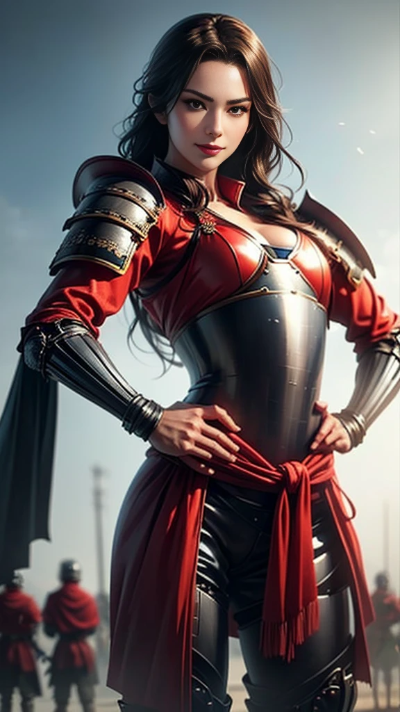Beautiful woman with dark hair:1.3, Amazing character art, ((Knight Armor:1.3 )),((Pure white background)), 3d rendering character art 8k, Handsome,Beautiful female knight, 2. 5D CGI Anime Fantasy Artwork, Detailed digital art, Very nice work of art, Fan Art Best Art Station, (Crimson velvet cloak),(Stretch your open hand forward:1.3), (Hands on hips),(on stage:1.2),((From below)),Eyes looking into the distance,(A female general gives orders to her soldiers:1.3),glamorous,Muscular,(samurai:1.2),dynamic,Confident,An inappropriate smile,samurai:1.2,Japan