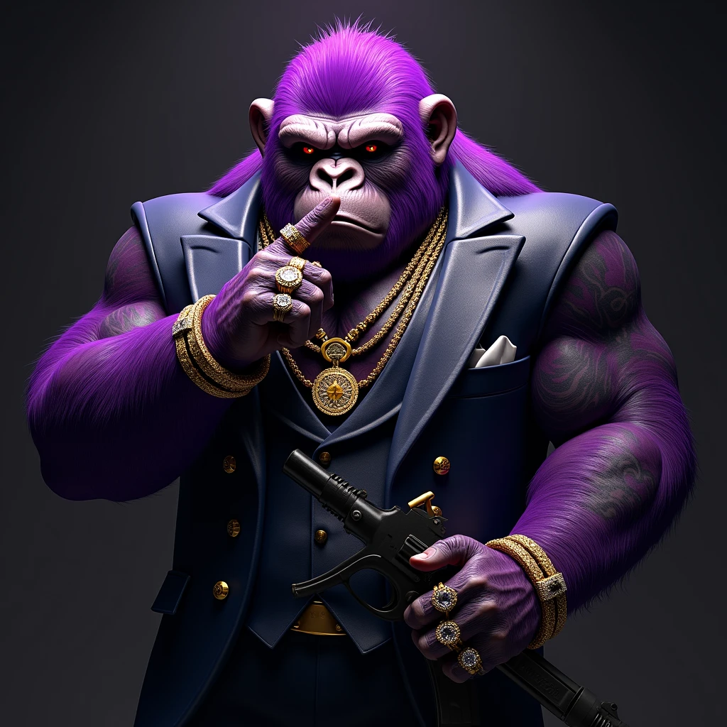 1 purple ape, With giant and high-caliber weapons, with gangster SUIT with chains, tattooed, with huge diamond and gold rings, smoking with a pipe, making a gesture of silence with the finger

