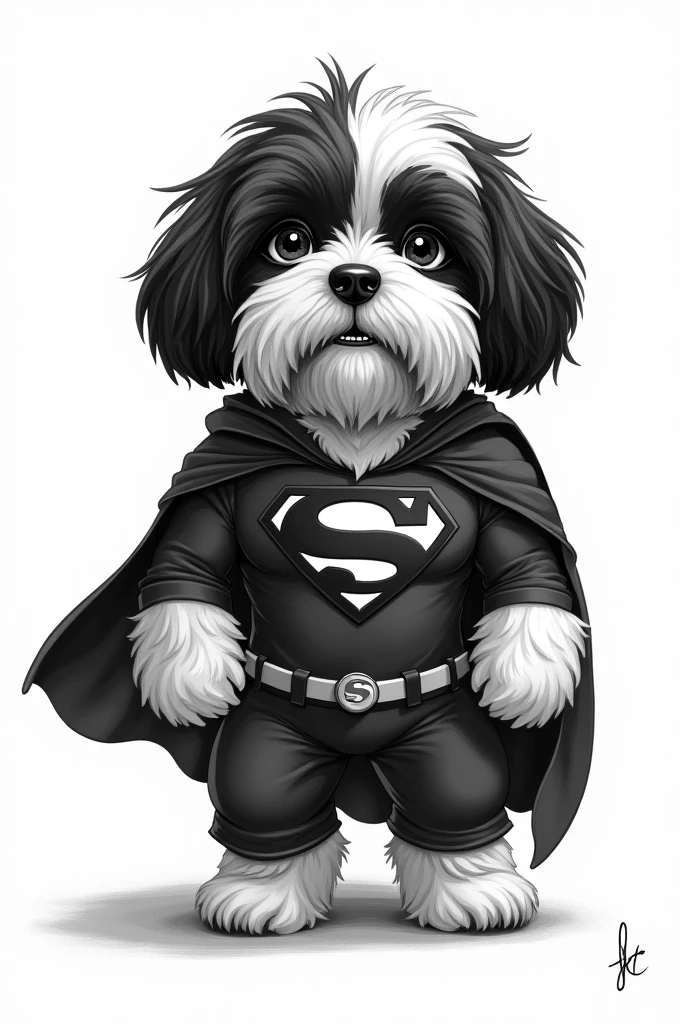 Black and white dog drawing, Lhasa Apso breed, Superman costume