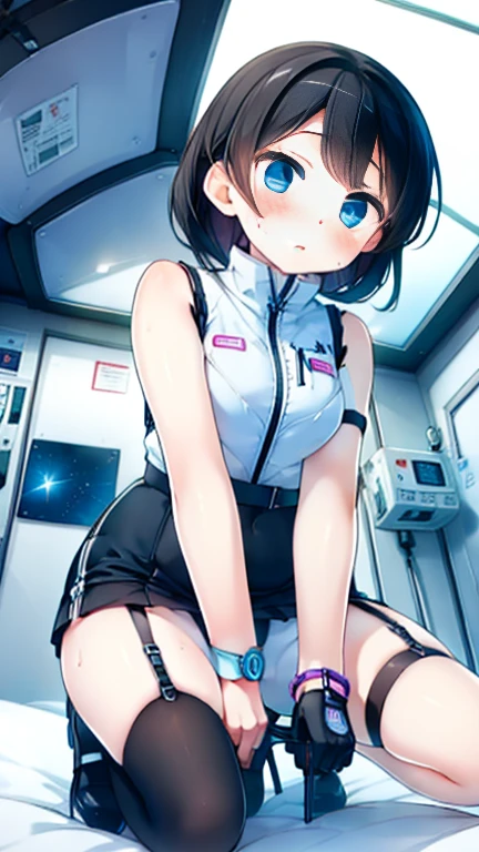 (Highest quality), (masterpiece), 1080P, High resolution, 4K, 8k, Inside the space station、Futuristic room、Thigh straps, Shooting from directly below, The woman on top of me, 白いSweat, Covered , Sweat, Woman looking down, Skirt swimsuit, Thigh-high socks, To achieve this, , , whole body, Black leather shoes, Braided hair, Inner Color, Embarrassed face, Short black hair, bracelet, Bedroom,celestial body_Vest
