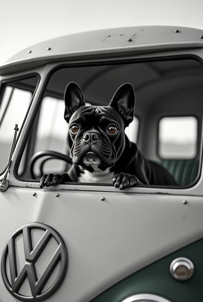 Black and white French Bulldog driving a Kombi
