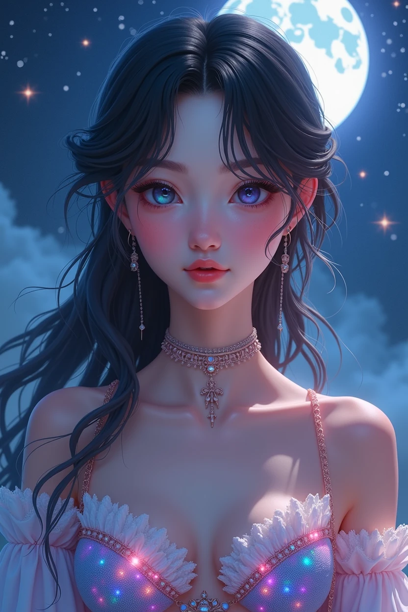 masterpiece, Superb Girl, pretty girl, bust, high detail eyes, Perfect eyes, portrait, high detail face, same eyes, Glare, rainbow color, global illumination, luz outfit, dream light, Digital paint, Primer plano 8k, fancy, night sky, stars, nebula, white crystal, Moonlight, serenity, summer, (8k:1.1)