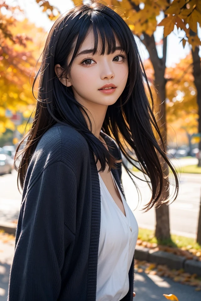 1girl, (16years old), solo, standing, (tiny body:1.2), medium breasts, upper body, from side, looking at viewer, ((masterpiece)), ((extremely detailed face)), best-quality, hyperrealistic, high-resolution, intricate detail,(beautiful detailed eyes and lips), (best-shadow an extremely delicate and beautiful), beautiful white skin, perfect anatomy, smile, open mouth, medium length hair, straight hair, blunt bangs, floating hair, blowing, good ray, cardigan, street, autumn leaves, sun set, good rays