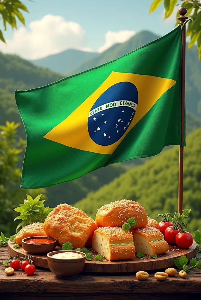 Create an image containing the flag of the state of Minas Gerais and aspects of its cuisine