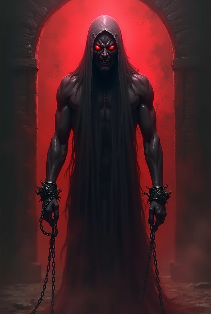 "Illustrate a scene showing a soul enduring long periods of suffering in Naraka (hell). The soul should appear weary and tormented, reflecting the prolonged agony it has faced. The environment should be grim and oppressive, with elements like flames, chains, or desolate landscapes, symbolizing the harsh punishments of Naraka. This image should evoke a sense of deep sorrow and penance."