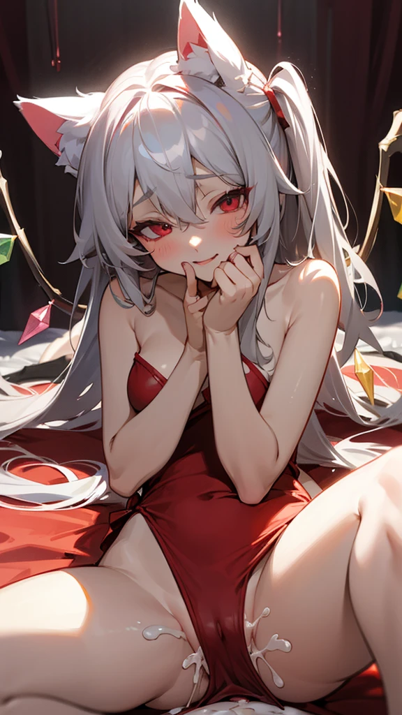 Highest quality　Neutral face　woman　I have long hair。　Odd Eye　One person　Gray Hair　Flandre Scarlet　beautiful girl　Cat ear　naked　ejaculation　Masturbation　ＳＥＸ　Swimwear