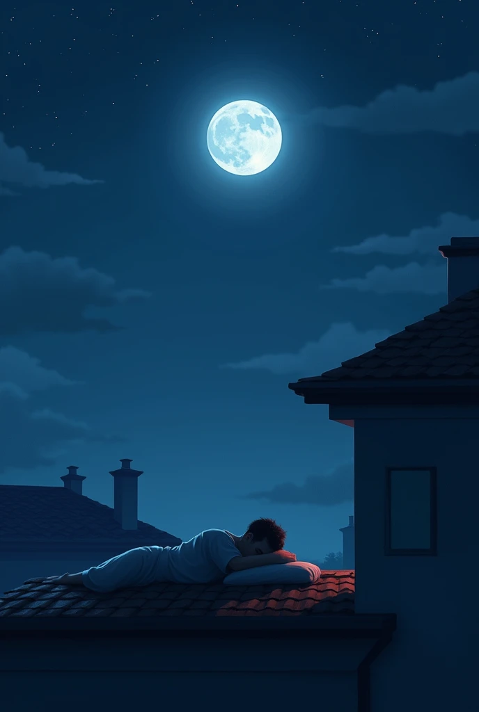 Good night photo ,On a moonlit night, the man is getting ready to sleep on the roof of the house, the moon is shining in the sky, sleeping in room ,