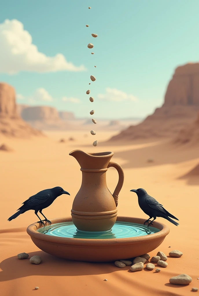 The pitcher with water level gradually rising as more pebbles are added by the crow.
The background is desert
Image size is 16 by 9