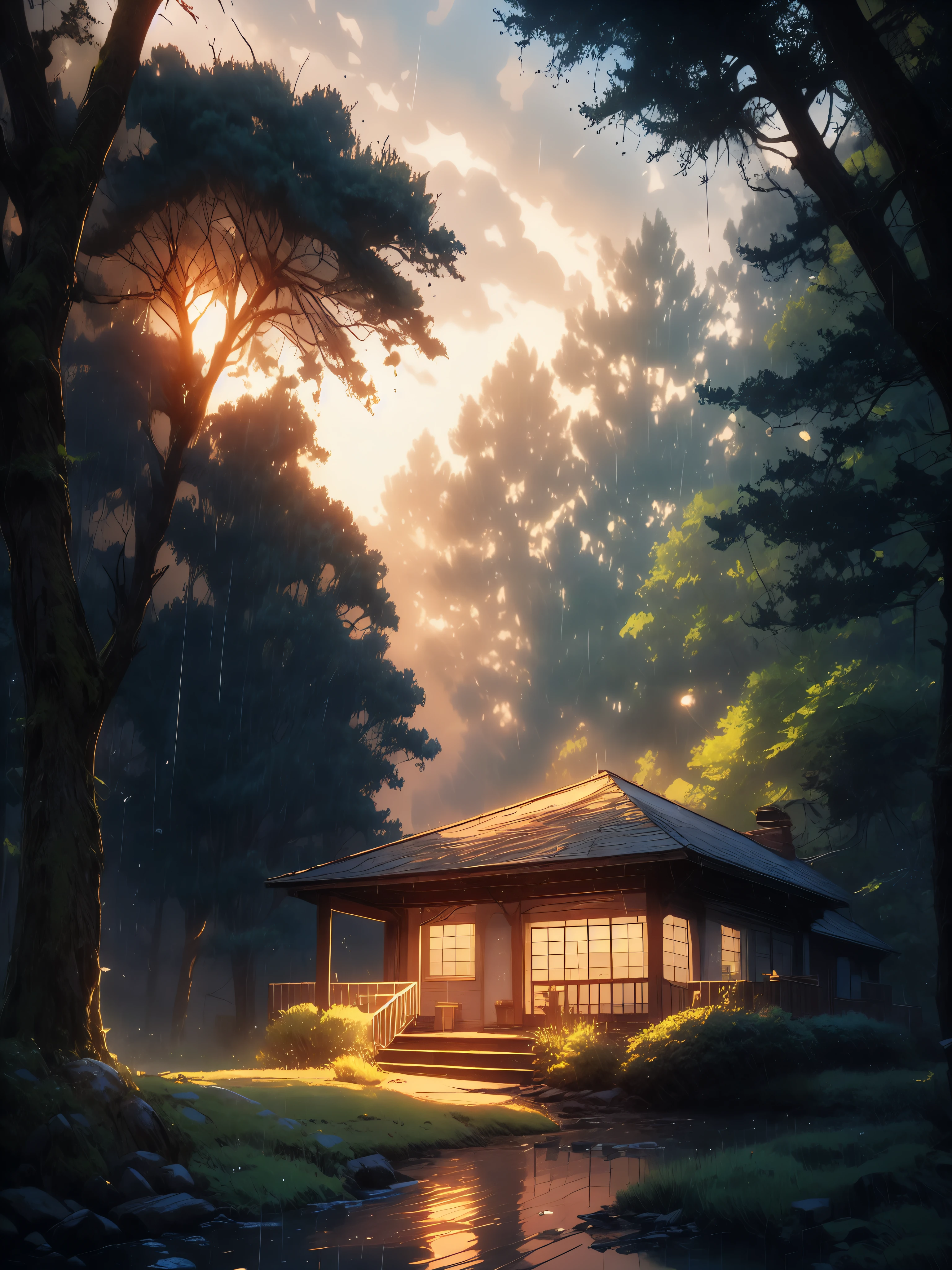 Cast in a magical, distant forest after twilight rainshowers, a glowing trail through luminescent, water-slicked foliage and nobly arching treetops dances an hypnotic rhythm, unfurling the tale of a solitary mystic Ellie who wades along a whimsical footpath beneath the verdant canopy, radiating both mystery and emotions of painto images of subtle hues whispered on serpentine surfaces from gentle rain droplets.