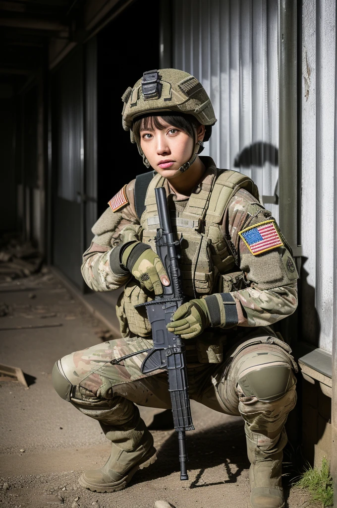 (masterpiece, ultra-detailed, ultra-realistic, best quality, clear focus, photorealistic), (ultra-high resolution, 8k:1.3), cinematic color-grading film, dramatic scenes, shadow, global-illumination, perfect anatomy, perfect face, (detailed face, detailed eye:1.3), (Japanese blonde punk rock girl:1.2), (experienced soldier:1.2), professional light, (boyish cool Japanese face:1.3), (Fully equipped for battle:1.3), (holding m4a1 large assault rifle:1.4), (long barrel rifle:1.3), (Strong willed expression:1.2), (afraid:1.3), (wearing a very cute punk rock styled soldier's outfits made of leather with military helmet:1.2), slim waist, (at a battle field of Abandoned Building at night), flash light, (explosion:1.4), very large breasts, tactical vest, military harness, (squatting), (long boots:1.3), face focus