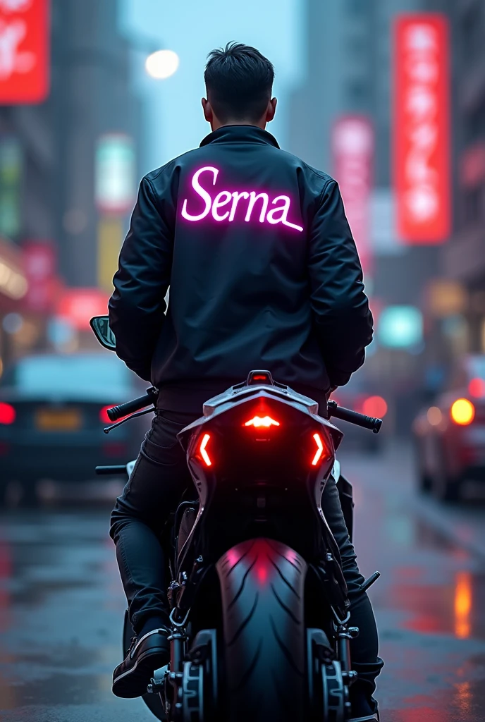 Can you create an image of a sport motorcycle, a guy standing with his back to the camera, wearing a black jacket that says 'Serna' on the back in phosphorescent lettering? 