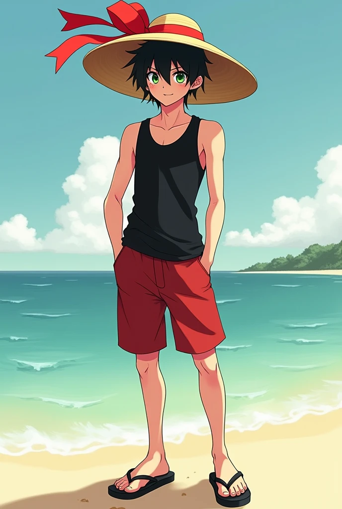 A man anime character, with about , Cao Cao, Bblack hair, greeneyes, black tank top, red shorts and black flip-flops, and a straw hat with a red ribbon